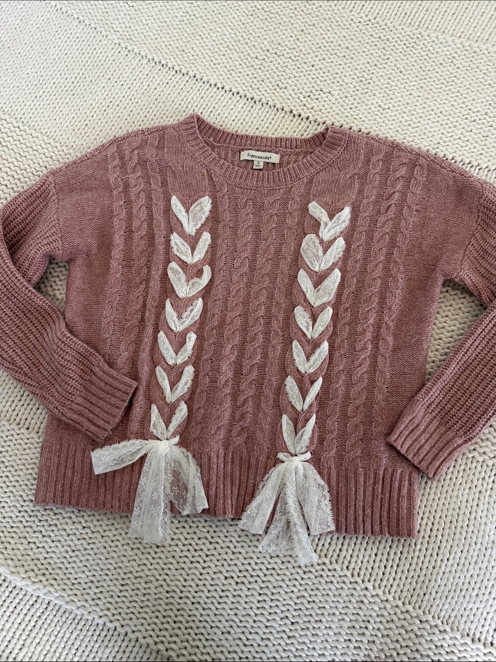 Francesca's Collections Dusty Rose Cable Knit Sweater with Lace Braids
